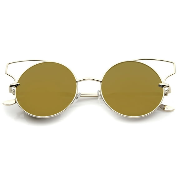 sunglassLA Unisex Women's Wire Open Metal Frame Color Mirror Lens Round Cat Eye Sunglasses (Gold / Gold Mirror) - 52mm