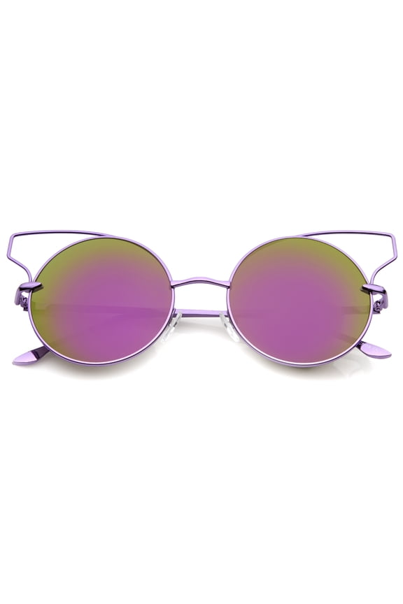sunglassLA Unisex Women's Wire Open Metal Frame Color Mirror Lens Round Cat Eye Sunglasses (Purple / Purple Mirror) - 52mm