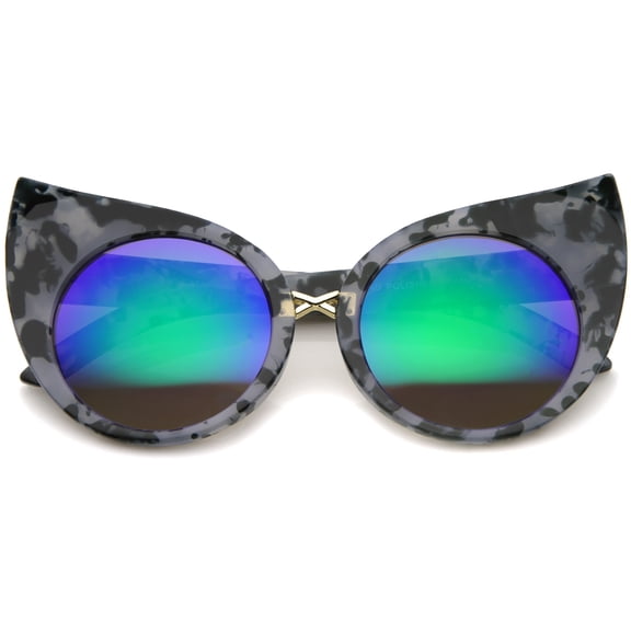 sunglassLA Unisex Womens Fashion Bold Marble Frame Mirrored Lens Round Cat Eye Sunglasses  (Gray / Green Mirror) - 51mm