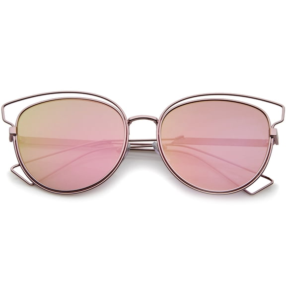 sunglassLA Unisex Womens Fashion Open Metal Frame Iridescent Lens Cat Eye Sunglasses (Pink / Pink Mirror) - 55mm