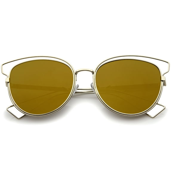 sunglassLA Unisex Womens Fashion Open Metal Frame Mirrored Lens Cat Eye Sunglasses (Gold / Gold Mirror) - 55mm