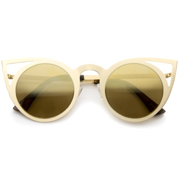 sunglassLA Unisex Womens Fashion Round Metal Cut-Out Flash Mirror Lens Cat Eye Sunglasses (Gold / Brown Mirror) - 48mm