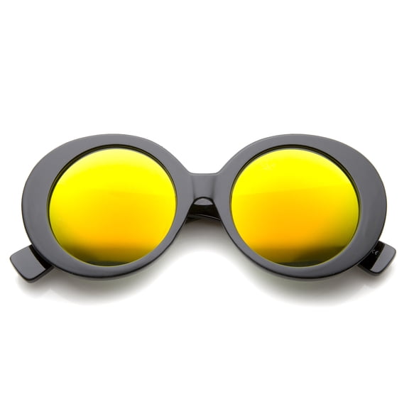 sunglassLA Unisex Womens High Fashion Chunky Colored Mirror Round Oversize Sunglasses (Black / Orange-Yellow Mirror) - 50mm