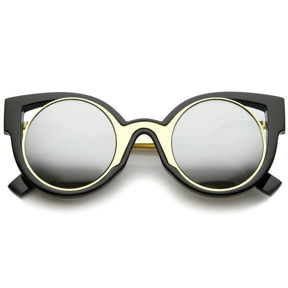 sunglassLA Unisex Womens Inner Metal Frame Zigzag Stepped Temple Two-Tone Cat Eye Sunglasses (Black-Gold / Silver Mirror) - 45mm