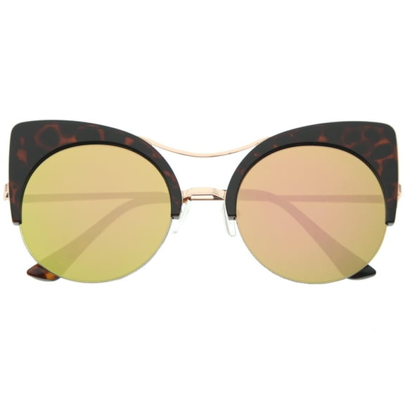 sunglassLA Unisex Womens Oversized Half Frame Semi-Rimless Flat Lens Round Cat Eye Sunglasses (Tortoise-Gold / Pink) - 51mm