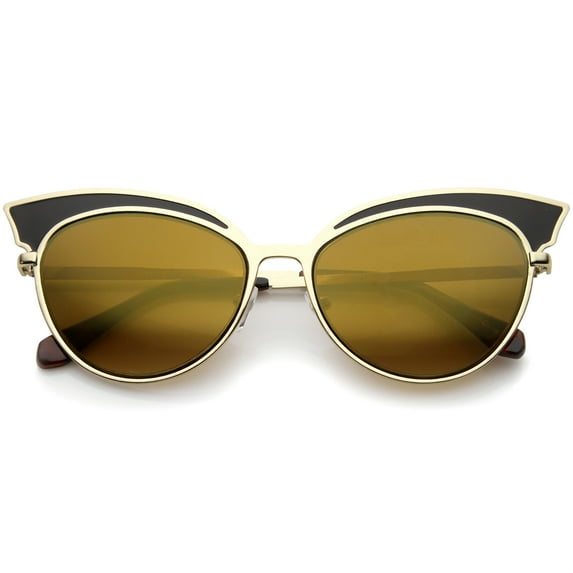 sunglassLA Unisex Womens Two-Tone Oversized Metal Mirrored Cat Eye Sunglasses (Black-Gold / Brown Mirror) - 57mm