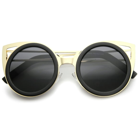 sunglassLA Unisex Womens Two-Toned Metal Cutout Round Cat Eye Sunglasses (Matte Black-Gold / Smoke) - 50mm
