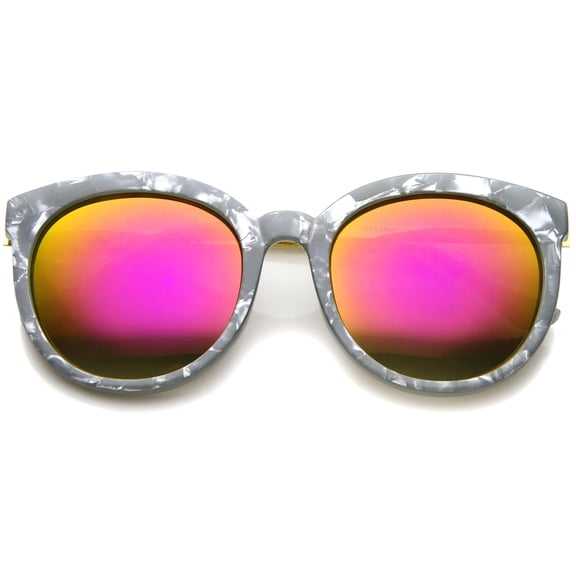 sunglassLA - Womens Oversized Marble Finish Metal Temple Mirrored Lens Round Sunglasses - 55mm