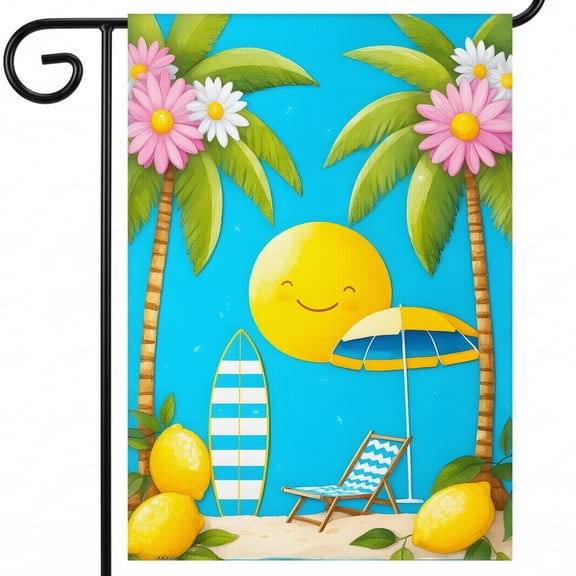 sunmer garden flag A beach scene with a smiley face a surfboard a chair and lemons. - summer door decorations Big 28 x 40" Flag for Gardener Gift Idea