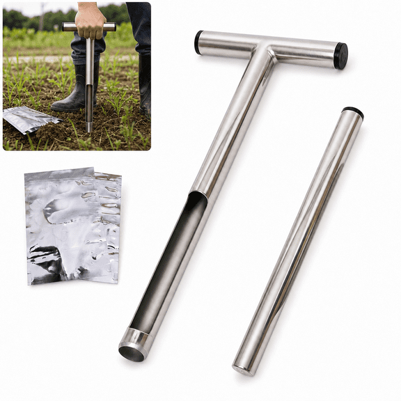 sunorchid 12" Soil Sampler Probe Kit, Stainless Steel Soil Sampling Tool, T-Style Handle with 2 Sample Bag & Rod, Soil Probe for Gardening Forestry Farm Soil Testing and Research & Teaching