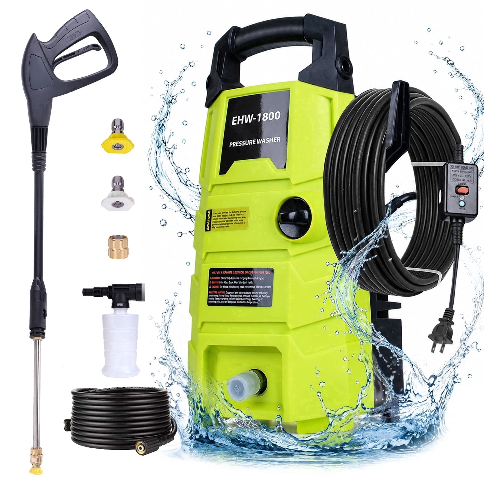 sunorchid 1800 PSI 1.6 GPM Electric Powered Pressure Washer 120V, with Hose & Adjustable Nozzles for Car/Fences Driveways/Home/Patios