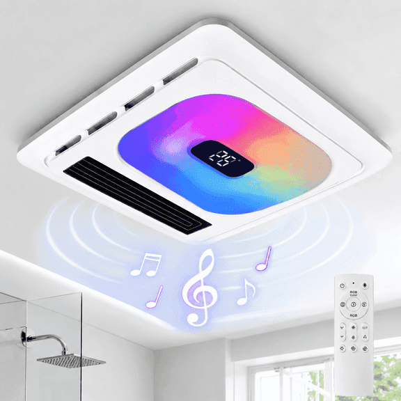 sunorchid 2026 6-in-1 Bathroom Exhaust Fan with Lighting, Heating, Bluetooth Speaker & RGB Lighting, Quiet 1.0 Sone Fan, Smart Remote Control, WH, 1PC