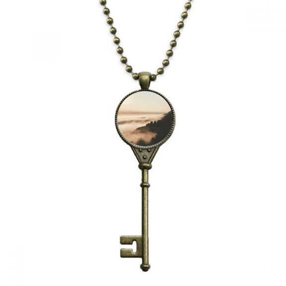 sunrise sunset mountain fog landscape key necklace pendant tray embellished chain