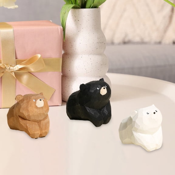 sunsanly 1/3Pcs Wooden Carved Bear Figurine Handmade Woodcarving Art Small Animal Statue Sculpture Home Office Desktop Decoration Ornament