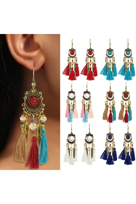 1 Pair Bohemia Style Dangle Earrings Tassel Leaf Dangle Long Style Earrings Beads Decor Vintage Dating Banquet Earrings Jewelry Gift