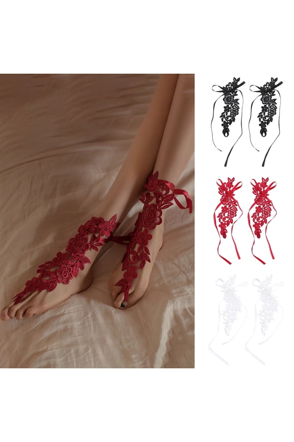 1 Pair Foot Cover with Toe Ring Hollow Out Lace Flower Applique Temptation Solid Color Close-fitting Honeymoon Wedding Night Foot Cover Foot Decoration Jewelry