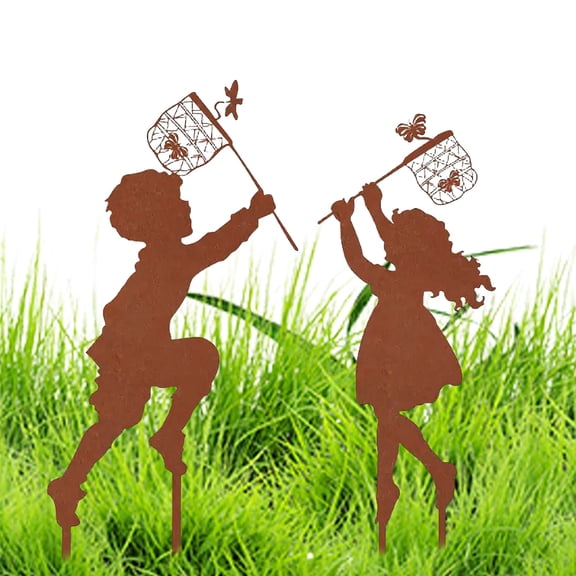 sunsanly 1 Pair Silhouette Art Model Little Boy Girl Shape Character Silhouette Art Ornament Garden Decor Stakes Sculpture Lawn Yard Decoration