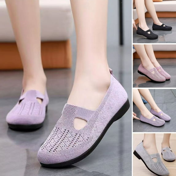 sunsanly 1 Pair Walking Shoes Hollow Out Anti-skid Slip on Flat-heeled Round Toe Walking Low-top Casual Flat Mesh Cloth Shoes Daily Wear