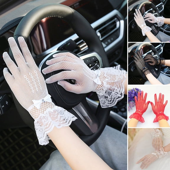sunsanly 1 Pair Women Prom Gloves See-through Lace Bow Rhinestone Decor Hollow Out Fishnet Ruffle Edge Thin Full Finger Performances Bride Wedding Glove