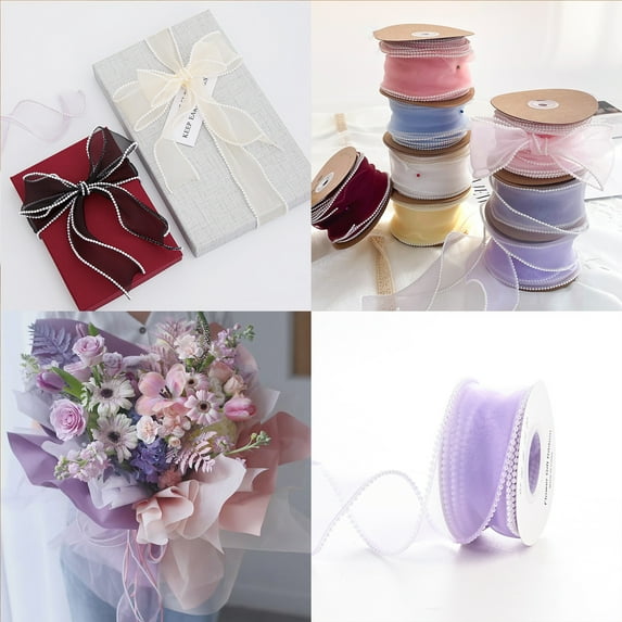 sunsanly 1 Roll 4cm Bouquet Ribbon Faux Pearl Edge Strong Toughness Decorative DIY Bow Tie Bouquet Wrapping Ribbon Party Supplies