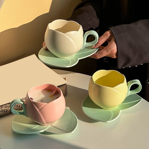 sunsanly 1 Set Coffee Cup Ceramic Tulip Coffee Mug with Coaster Smooth Surface Heat-resistant Tea Cup for Home