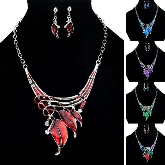 sunsanly 1 Set Dangle Earrings Oil-dropping Multi-layers Crossed Rhinestone Enamel Leaf Statement Necklace Kit Fashion Jewelry