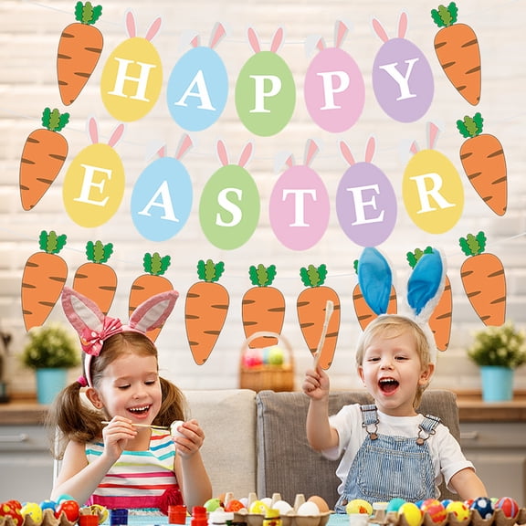 sunsanly 1 Set Easter Banner Cartoon Bunny Festive Celebratory Paper Happy Easter Bunny Buntings Party Supplies