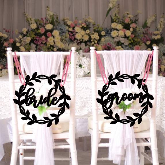 sunsanly 1 Set Wedding Chair Signs European Style Rustic Wooden Hollow Out Reusable Decorative DIY Bride Groom Chair Back Hanging Signs Party Supplies