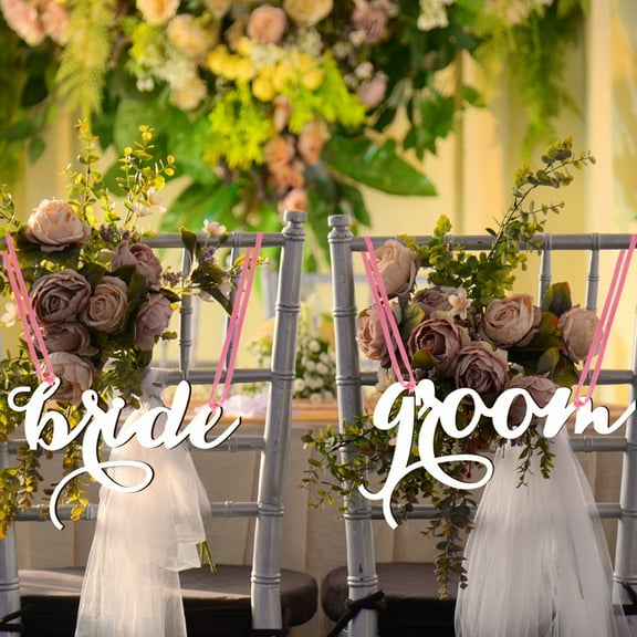 sunsanly 1 Set Wedding Chair Signs European Style Rustic Wooden Hollow Out with Ribbon Decorative Gift Bride Groom Chair Back Hanging Signs Party Favors