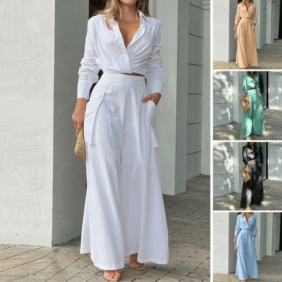 sunsanly 1 Set Women Shirt Pants Solid Color Long Sleeve Turndown Collar Streetwear Spring Autumn Temperament Commuter Wide Leg Trousers Set Women Clothing