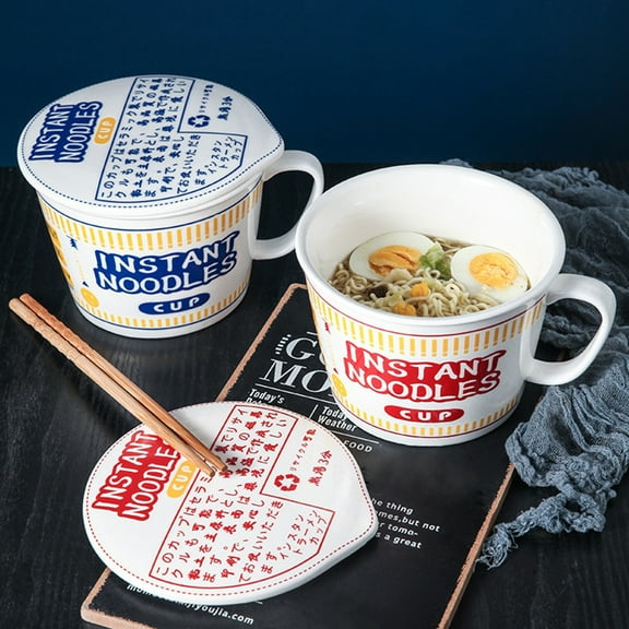 sunsanly 1000ml Noodle Bowl with Lid Anti-scalding Handle Ceramics Japanese Style Soup Basin Lunch Food Container Daily Use