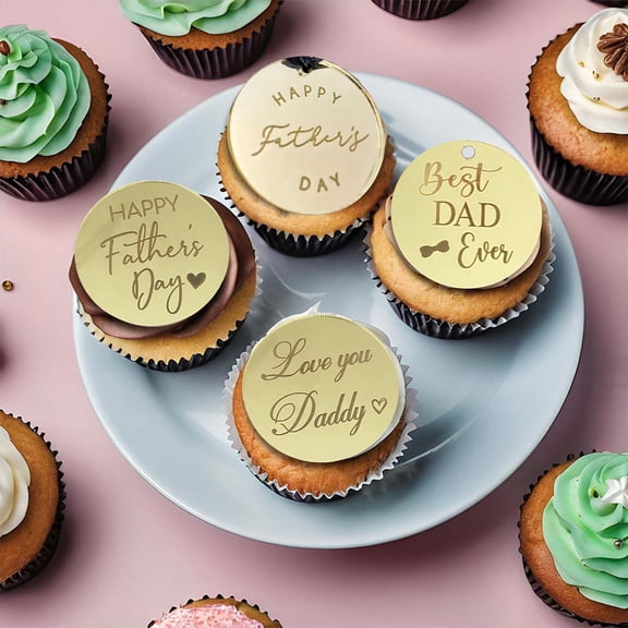 sunsanly 10Pcs Father Day Marked Cake Toppers Letter Carved Round Happy Father Day Acrylic Cupcake Decorations Party Decor