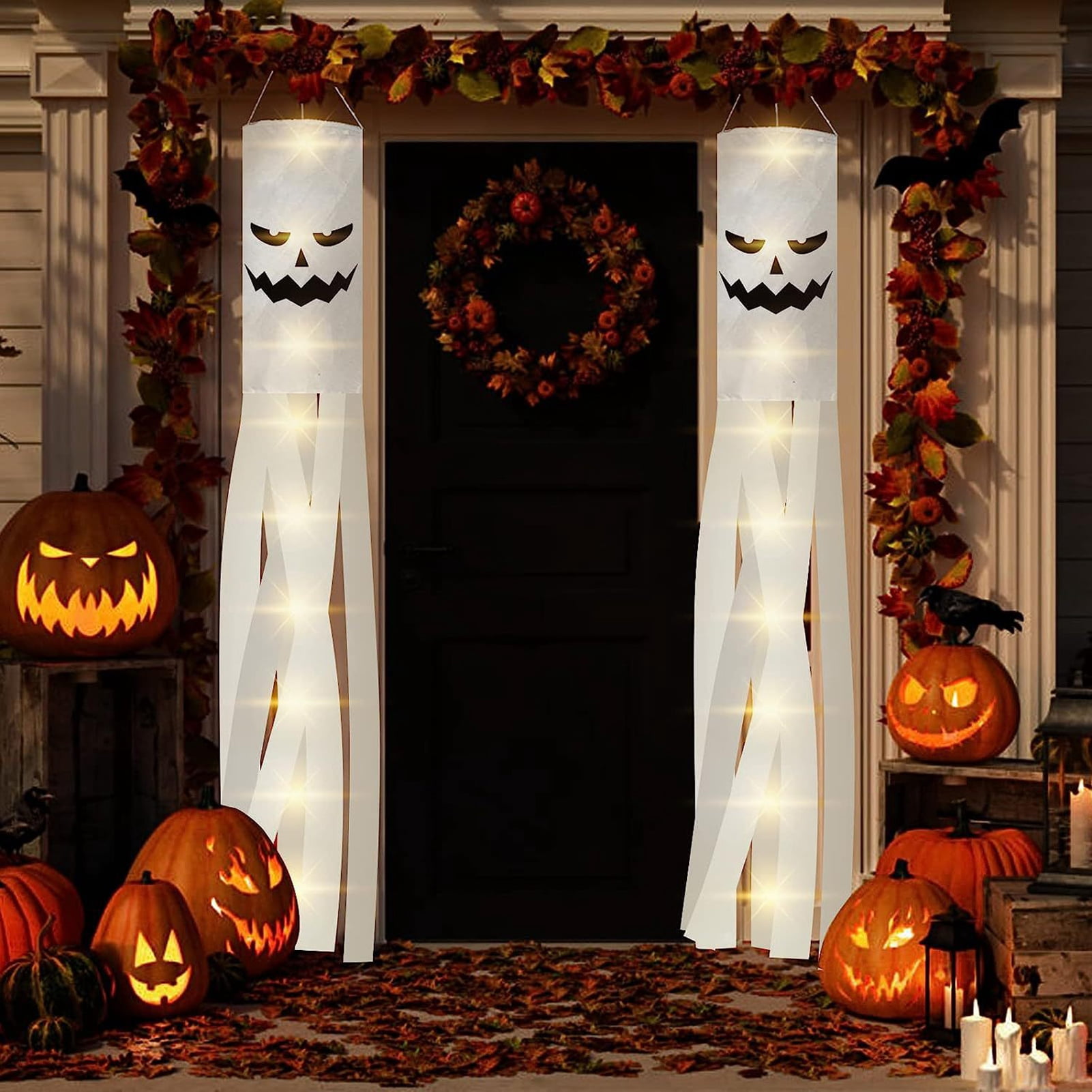 Ghost Windsock sunsanly 2 Pcs Halloween Ghost Windsock Spooky Outdoor Hanging Flag ...