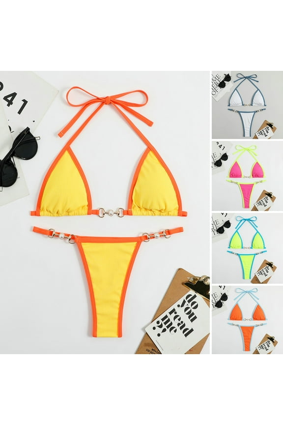 2 Pcs/Set Women Bikini Set Contrast Color Three-point Exposed Backless Halter Neck Swimming Lace Up Faux Pearl Lady Swimsuit Water Sports Clothes