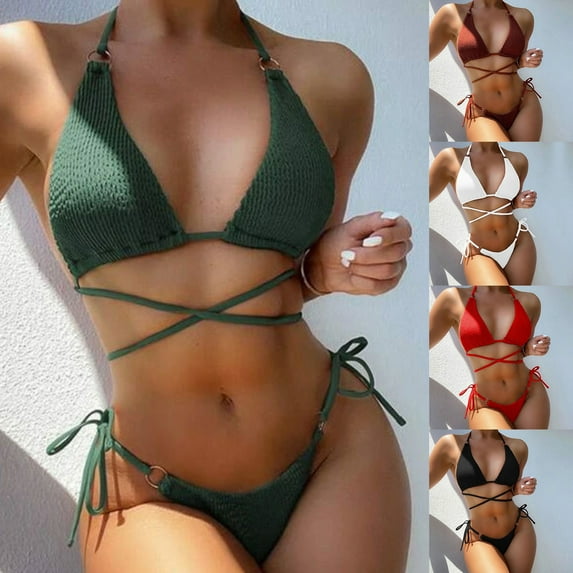 sunsanly 2 Pcs/Set Women Bikini Set Solid Color Halter Neck Multi Straps Three-point Padded Swimming Backless Sleeveless Women Bathing Suit Water Sports Clothes