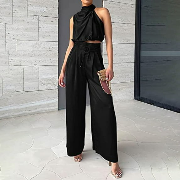 sunsanly 2 Pcs/Set Women Cro Top Pants Set Sleeveless High Collar Pleated Short Top Solid Color Drawstring High Waist Wide Leg Loose Trousers Set