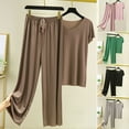 thumbnail image 1 of sunsanly 2 Pcs/Set Women T-shirt Pants Set Pleated Wide Leg V Neck Short Sleeves Loose Homewear Pullover Thin Plus Size Summer Top Trousers Set Women Clothing, 1 of 8