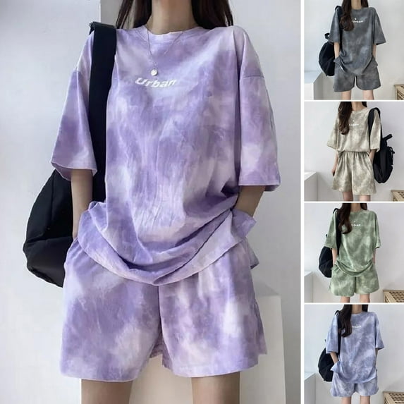 sunsanly 2 Pcs/Set Women T-shirt Shorts Set Tie-dye Loose Short Sleeves Loose Mid Length Top Elastic Waist Mini Shorts Plus Size Casual Sport Daily Wear Top Pants Set