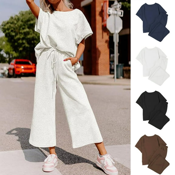 sunsanly 2 Pcs/Set Women Top Pants Set Short Sleeves O Neck Solid Color Drawstring Elastic Wide Leg Waist Loose Side Pockets Casual Top Trousers Two-piece Sportwear Set