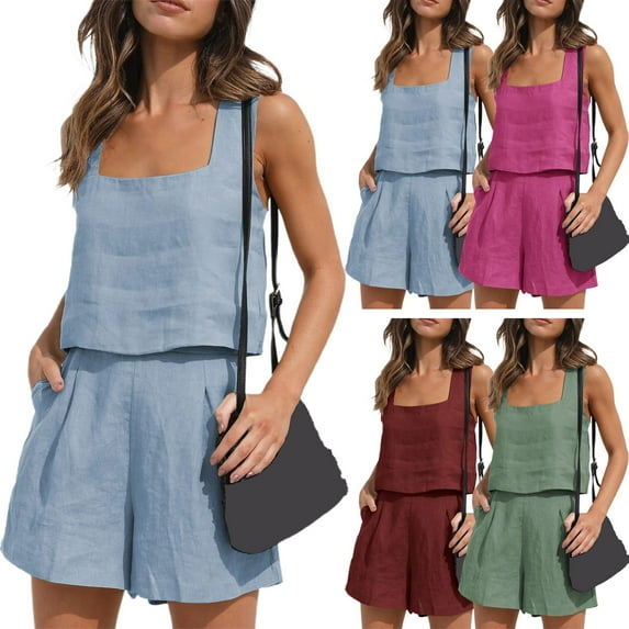 sunsanly 2 Pcs/Set Women Vest Shorts Set Square Neck Sleeveless Loose Solid Color A-line Pants Casual Homewear Commute Two-piece Top Trousers Set