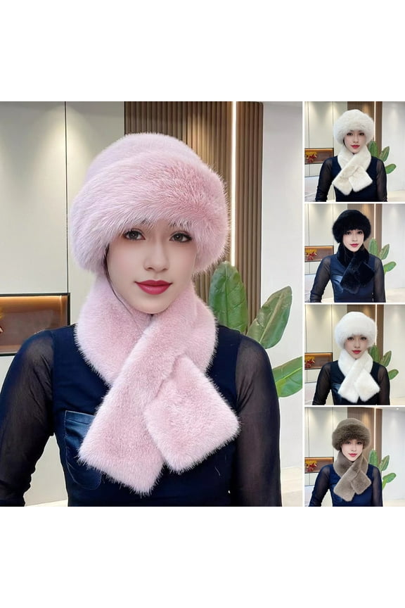 2 Pcs/Set Women Winter Hat Scarf Set Fuzzy Plush Thickened Windproof Heat Retention Cross Neck Wrap Solid Color Dome Faux Fur Fisherman Hat Outdoor Cap