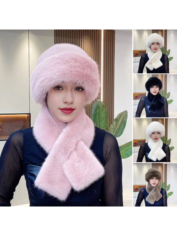 2 Pcs/Set Women Winter Hat Scarf Set Fuzzy Plush Thickened Windproof Heat Retention Cross Neck Wrap Solid Color Dome Faux Fur Fisherman Hat Outdoor Cap