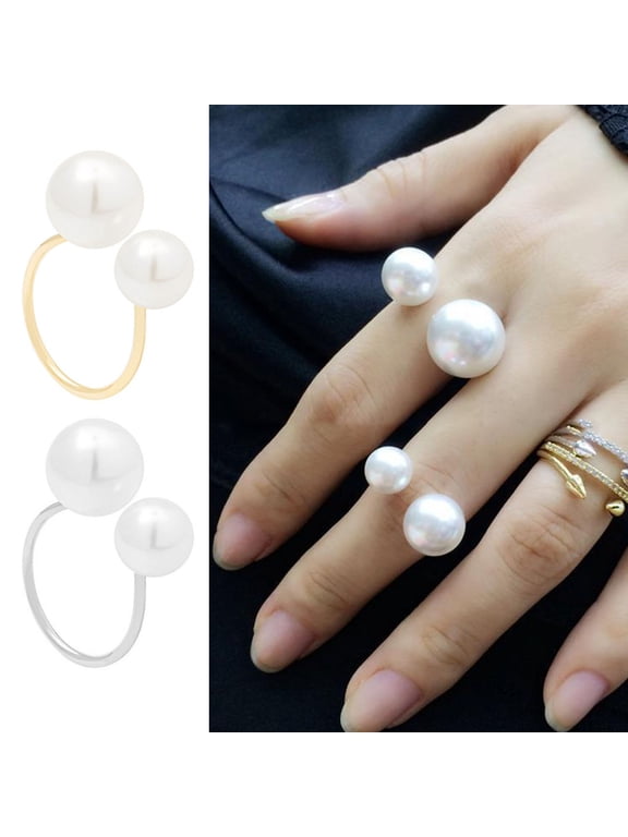 2 Pcs Women Open Ring Faux Pearl Opening Adjustable Polished Lightweight Electroplated Prom Party Index Finger Ring Irregular Lady Jewelry