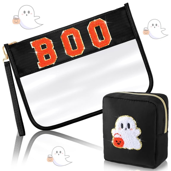 sunsanly 2Pcs Halloween Makeup Bags Boo Letter Cosmetic Bag with Zipper Waterproof Ghost Pumpkin Storage Purse Clear Pouch Organizer for Girls Women