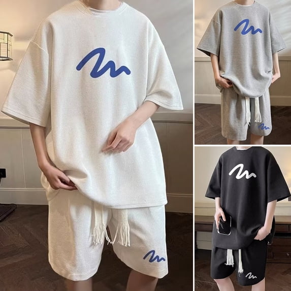 sunsanly 2Pcs/Set Men Summer Casual Outfit O-neck Short Sleeve T-shirt Elastic Drawstring Waist Wide Leg Shorts Set Letter Print Activewear