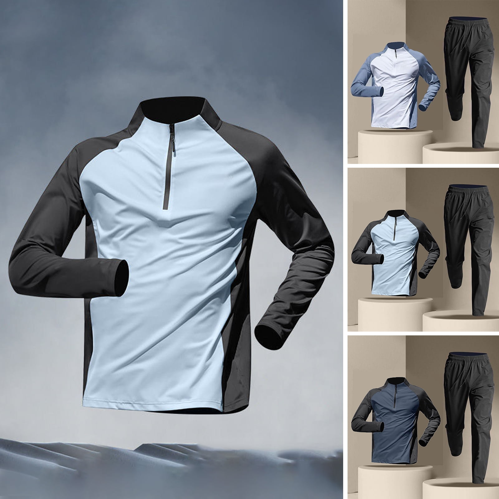 sunsanly 2Pcs/Set Men's Quick-drying Fitness Suit Half-zip T-shirt Trouser Set Sports Track Field Clothes Breathable Sportswear for Running Cycling