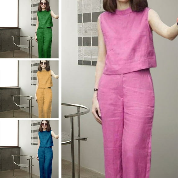 sunsanly 2Pcs/Set O-neck Sleeveless High Waist Pockets Lady Outfit Solid Color Short Vest Wide Leg Long Pants Set