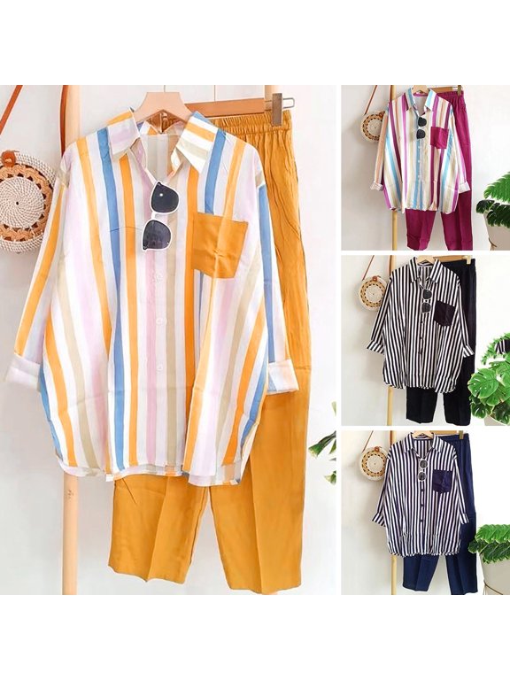 2Pcs/Set Shirt Pants Set Long Sleeve Casual Trendy Elastic Waist Breathable Daily Garment Polyester Stripes Blouse Pants Suit Spring Clothes