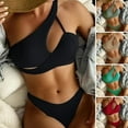 thumbnail image 1 of sunsanly 2Pcs/Set Solid Color Ribbed Backless Sexy Swimsuit Cross One Shoulder Bra High Waist Thong Bikini Set Beachwear, 1 of 7