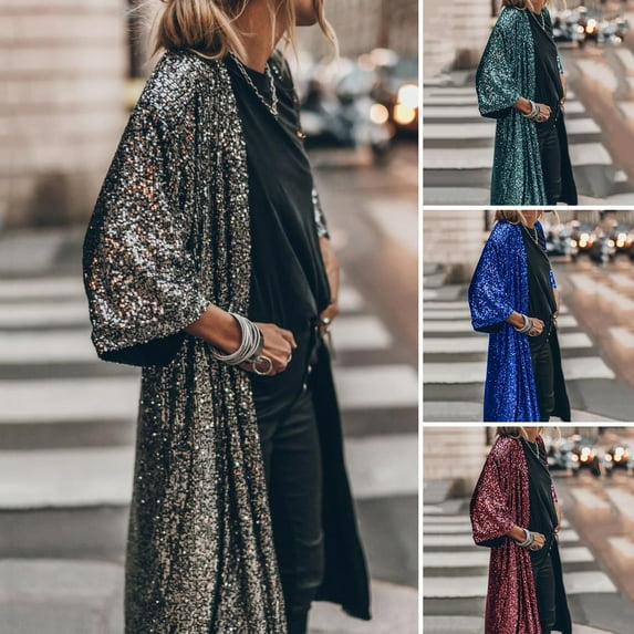 sunsanly 3/4 Sleeve Open Stitch Loose Fit Cardigan Coat Women Shiny Sequins Mid-length Cape Jacket Streetwear